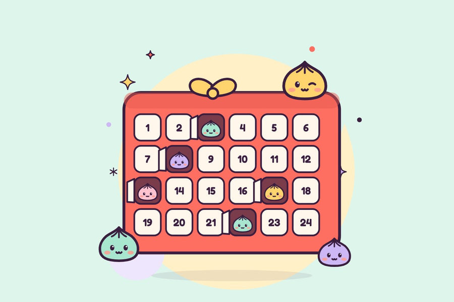 Illustration dessinée d’un calendrier de l’Avent ouvert sur une table de Noël, avec des cases contenant de petits squishies et des jouets