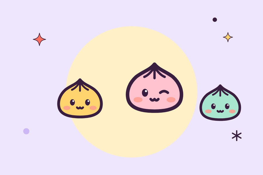 Illustration dessinée de plusieurs squishies colorés en forme d’animaux et de fruits, dont un pressé par une main d’enfant